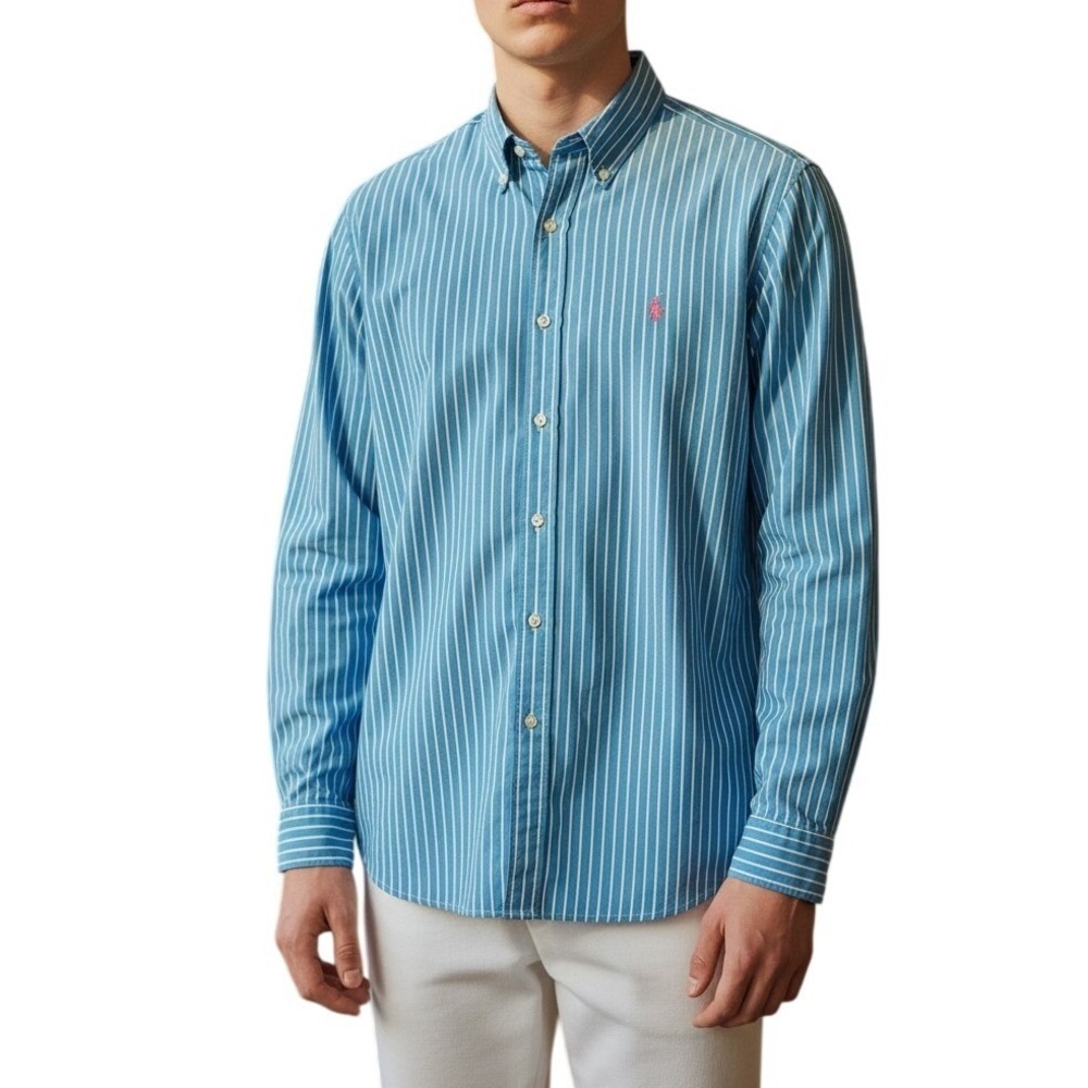 Ralph Lauren Button Down Shirt Mens Medium Blue White Striped Long Sleeve Pony‎